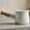 0.6qt White Mini Enamel Milk Pot Wooden Handle